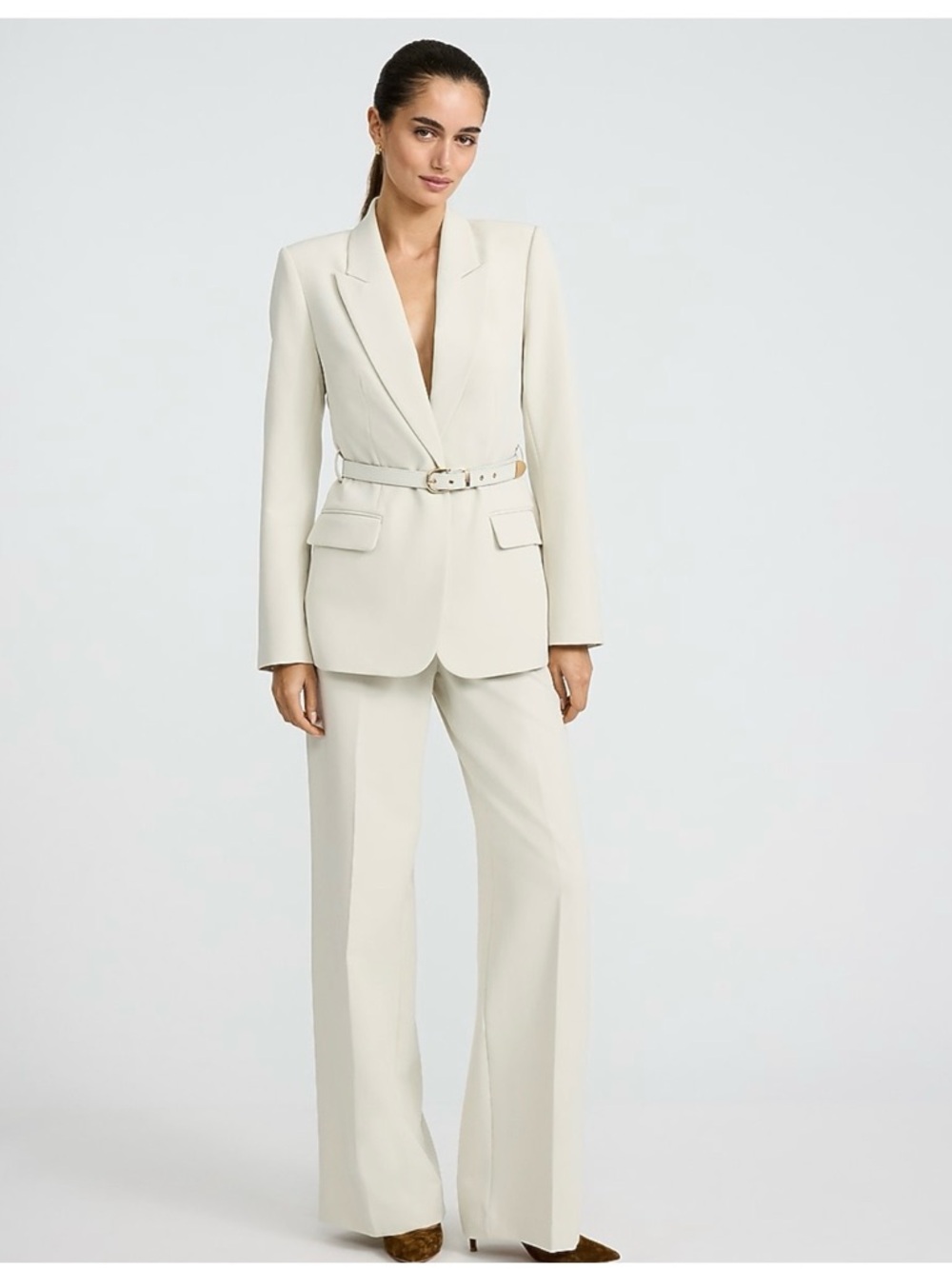 Express Light Cream Belted Tailored Blazer - Picture 3 of 5
